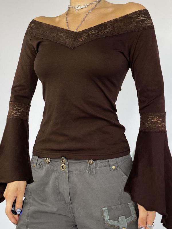 Women's Plain Contrast Lace  Tee, Casual Flounce Sleeve T-shirt for Daily Wear, Ladies Clothes for All Seasons