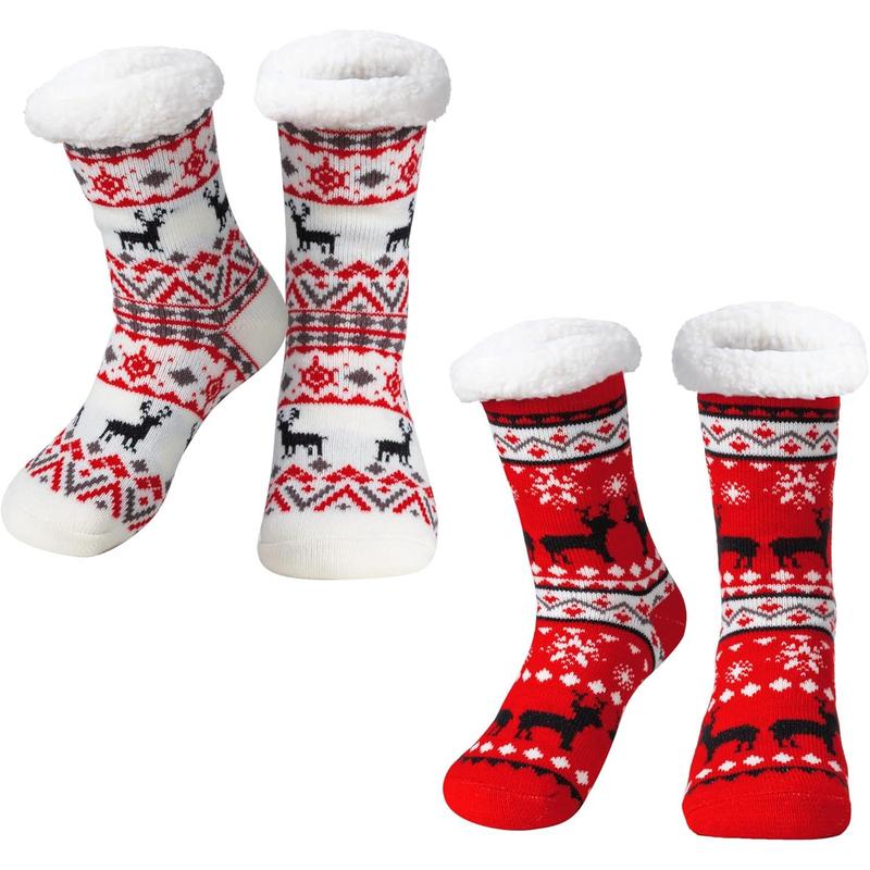 2 count Christmas Socks Women's Fleece Fuzzy Soft Slipper Socks Soft Crew Socks for Winter Christmas Party Gifts