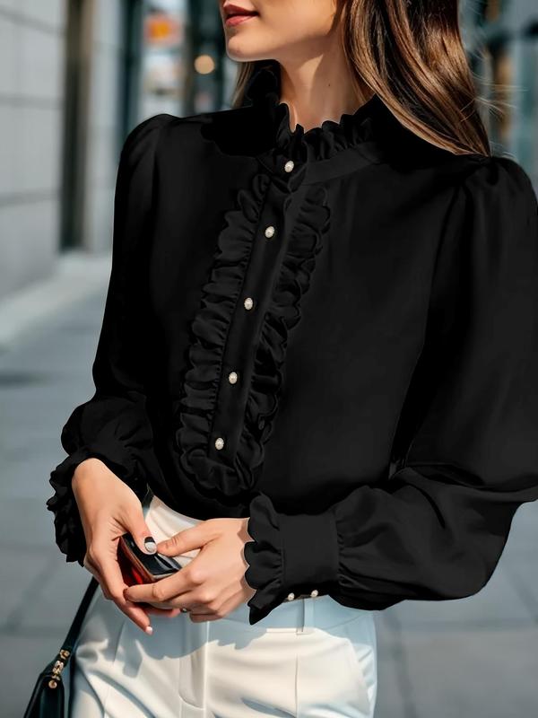 Women's Plain Frill Trim Ruffle Blouse, Elegant Bishop Sleeve Button Front Top for Work Office Business, Ladies Clothes for All Seasons