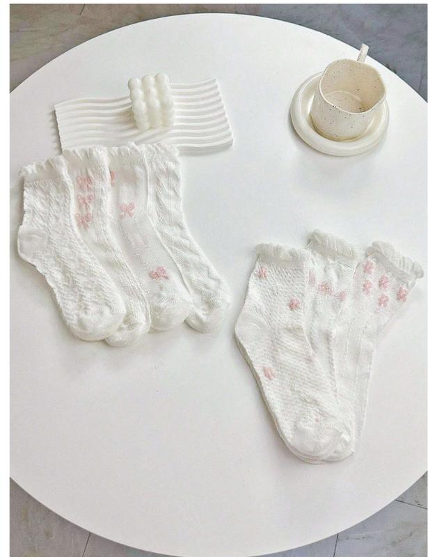 7 Pairs White & Pink Bowknot Bubble Top Women's Mid-Calf Socks - Cute & Comfortable Daily Wear