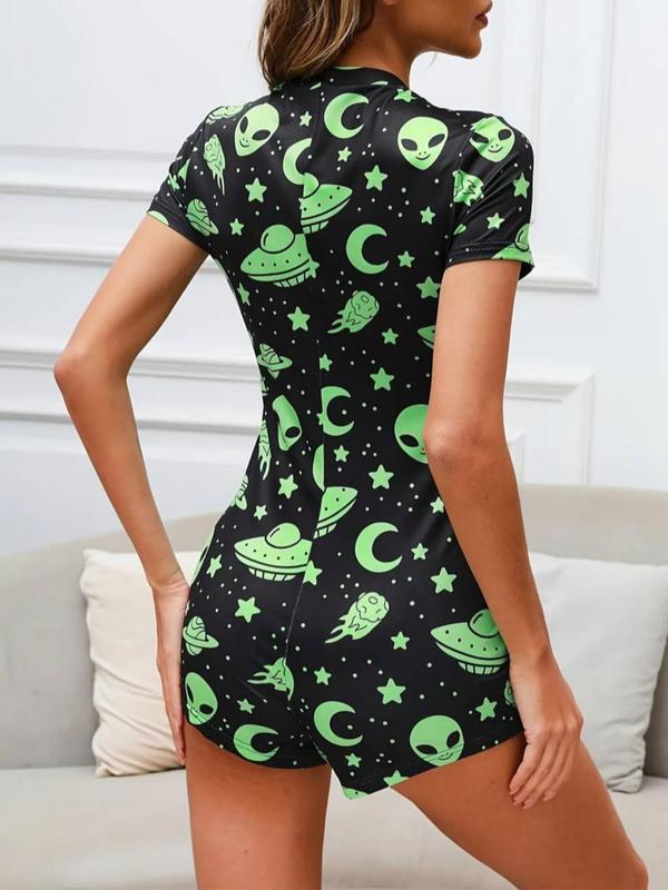 Women's All Over Cartoon Alien Print Button Front Romper, Casual Cute V Neck Short Sleeve Romper For Daily Wear Vacation Holiday, Ladies Summer Clothes