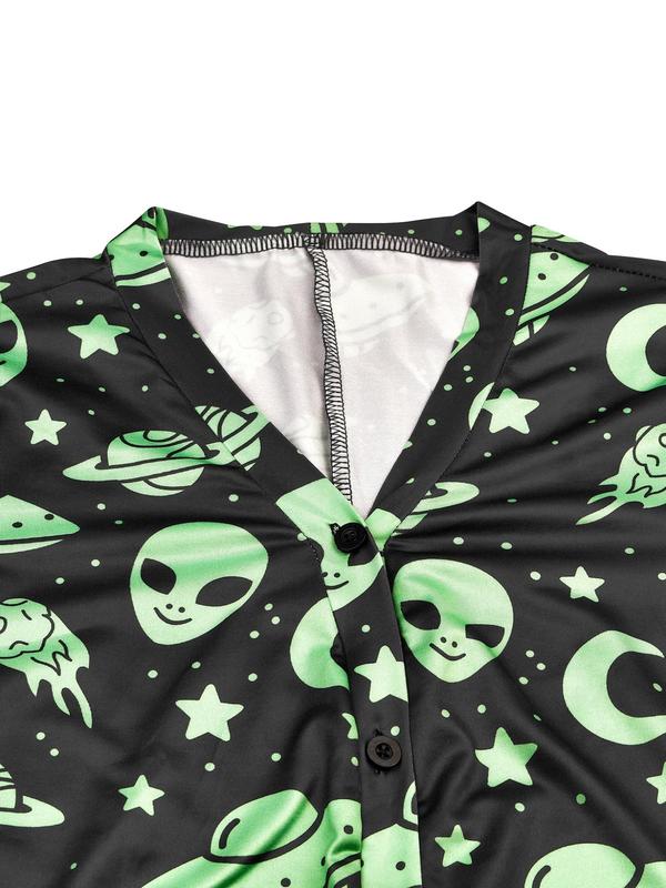 Women's All Over Cartoon Alien Print Button Front Romper, Casual Cute V Neck Short Sleeve Romper For Daily Wear Vacation Holiday, Ladies Summer Clothes