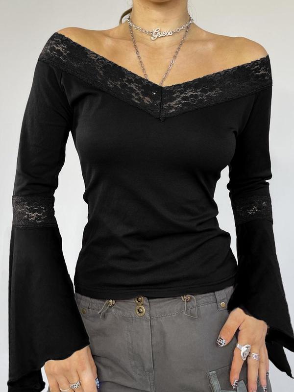 Women's Plain Contrast Lace  Tee, Casual Flounce Sleeve T-shirt for Daily Wear, Ladies Clothes for All Seasons