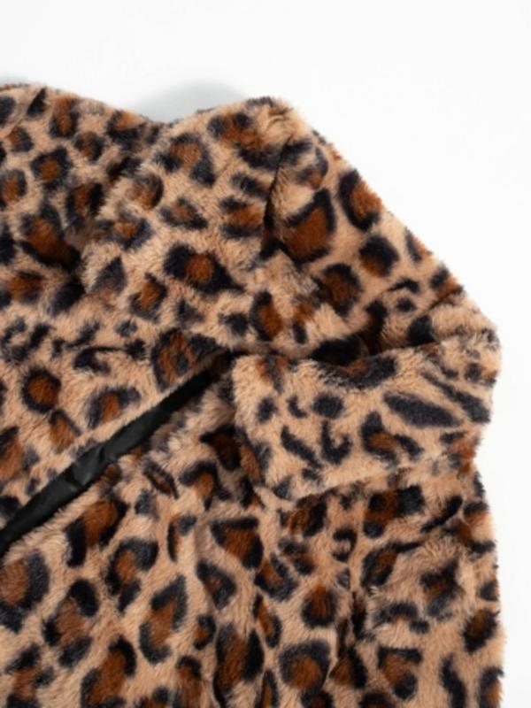 Women's Leopard Print Pocket Open Front Fuzzy Coat, Casual Long Sleeve Collared Outerwear for Fall & Winter, Women's Clothes for Daily Wear