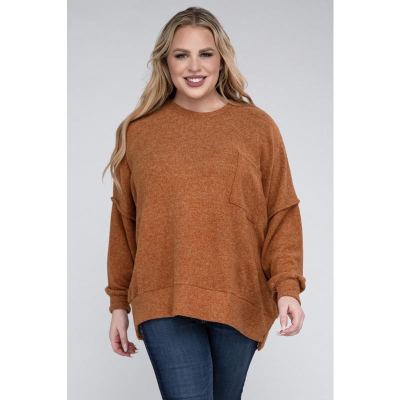 ZENANA Plus Brushed Melange Drop Shoulder Sweater