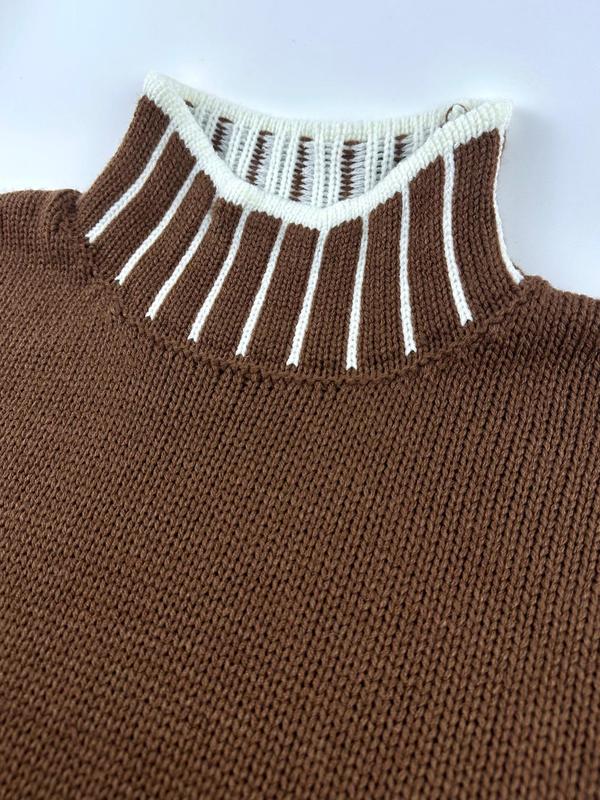 Women's Colorblock Contrast Binding Drop Shoulder Sweater, Casual Long Sleeve High Neck Jumper for Fall & Winter, Fashion Ladies' Knitwear for Daily Wear