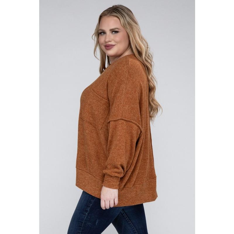 ZENANA Plus Brushed Melange Drop Shoulder Sweater