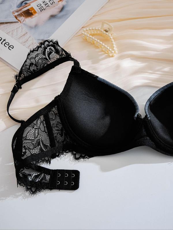 Women's Contrast Lace Adjustable Strap Bra, Push Up Bra, Elegant Soft Comfortable Breathable Lingerie Top For Daily Wear, Women's Lingerie Top For All Seasons