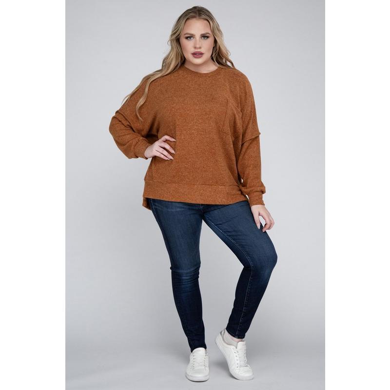 ZENANA Plus Brushed Melange Drop Shoulder Sweater