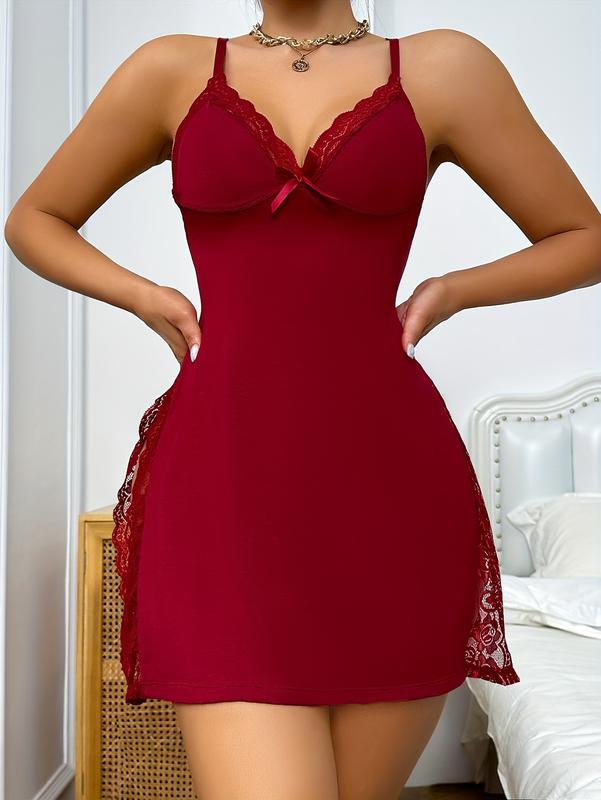 Lace Stitching Slip Nightdress, V Neck Side Split Sleep Dress, Women's Sleepwear & Dresses