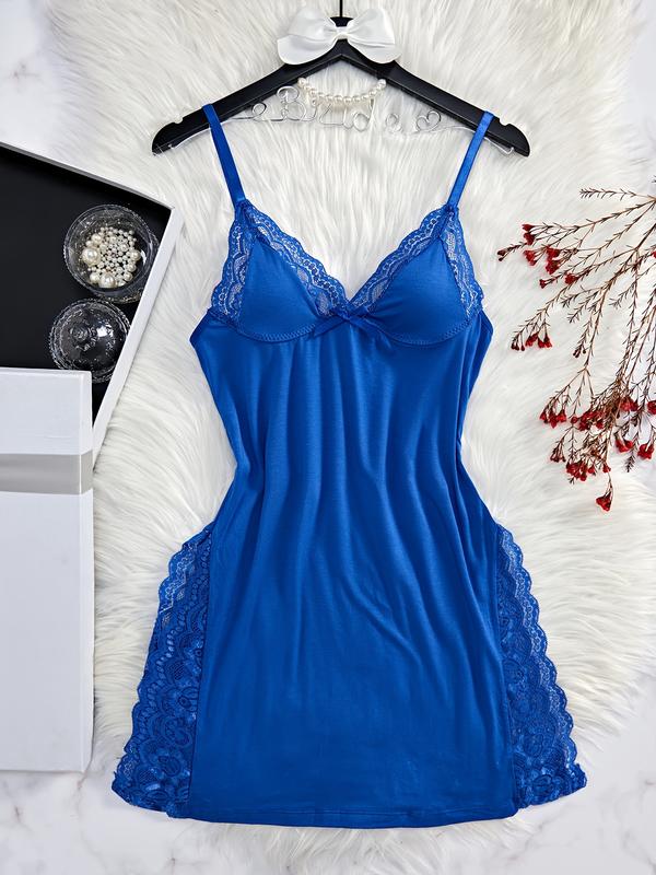 Lace Stitching Slip Nightdress, V Neck Side Split Sleep Dress, Women's Sleepwear & Dresses