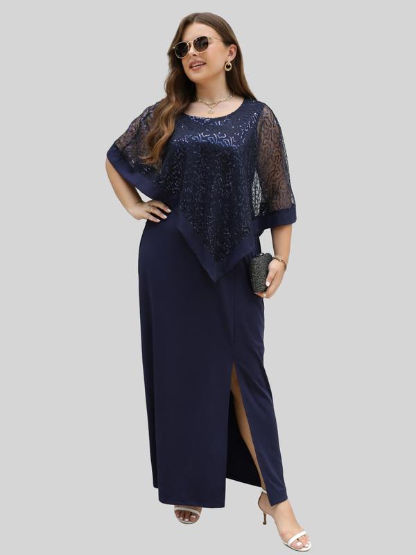  Contrast Sequin Mesh Sheer Split Thigh Tunic Dress, Elegant Round Neck Half Sleeve Evening Party Gown, Women's Clothes for Spring & Fall