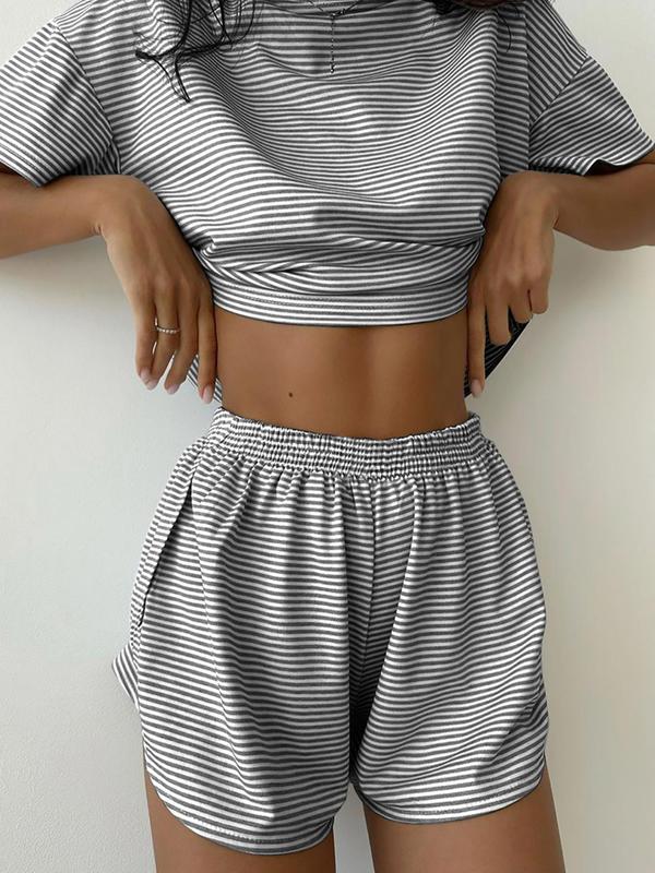 Alt Chic Two-Piece Set Women's Striped Print Drop Shoulder Tee & Wrap Split Shorts Pyjama Set, Comfy Short Sleeve T-shirt & Elastic Waist Shorts Pj Set, Back To School Wear Lounge Sets, Pajama Sets Women, Fall Clothes