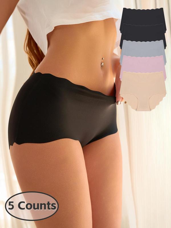 Women's Solid Color Scallop Trim Boyshorts, Casual Comfy Breathable Seamless Panty for Daily Wear, Ladies Underwear for All Seasons