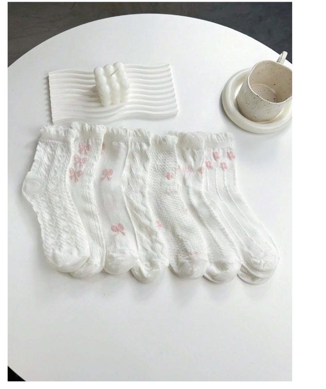 7 Pairs White & Pink Bowknot Bubble Top Women's Mid-Calf Socks - Cute & Comfortable Daily Wear