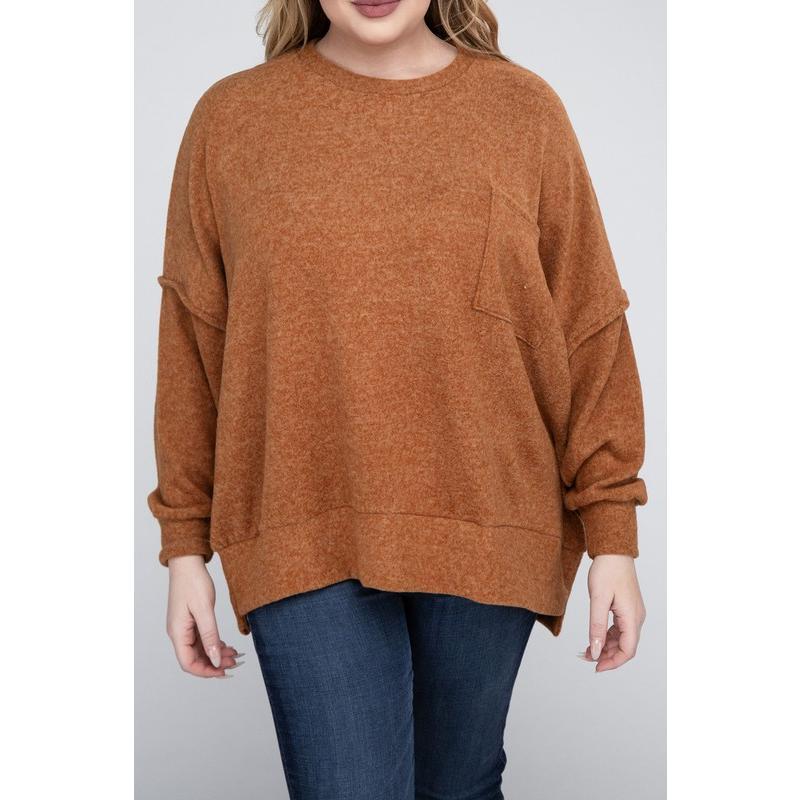 ZENANA Plus Brushed Melange Drop Shoulder Sweater