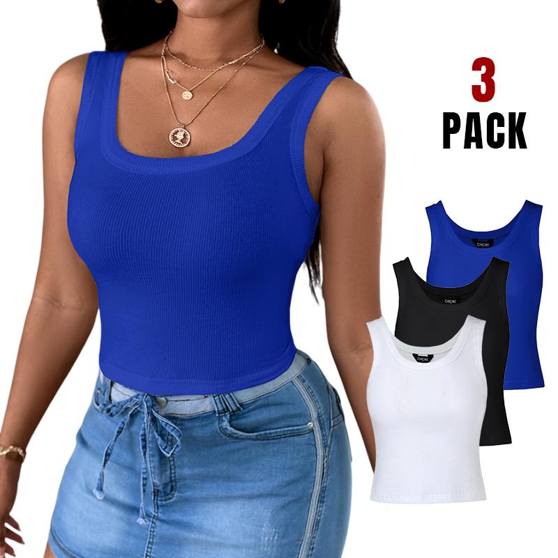 Chicme 3-Pack Scoop Neck Sleeveless Ribbed Tank Top Cami Tee Shirts Casual Crop Womenswear Fabric