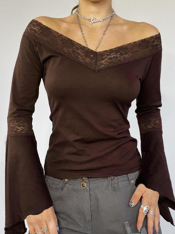 Women's Plain Contrast Lace  Tee, Casual Flounce Sleeve T-shirt for Daily Wear, Ladies Clothes for All Seasons