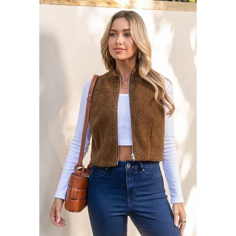 Brown Sherpa Zip-Up Vest For Spring & Fall, Women's Clothing - DC