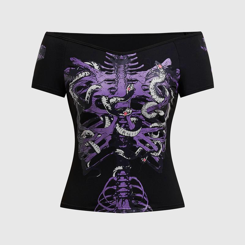 ROMWE Goth Dark Gothic Skeleton Snake Print Fitted Tee With Boat Neckline For Women, Mysterious Style