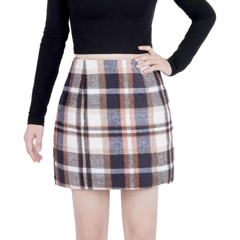 Womens  High Waisted Plaid Skirt A-Line Mini Skirt Fall Winter Wool Bodycon Pencil Skirts