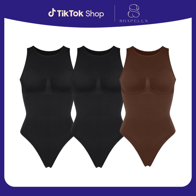 Shapellx 3 Piece Seamless Simple Bodysuit High Classic Round Neck Thong Comfort Tops Breathable Women