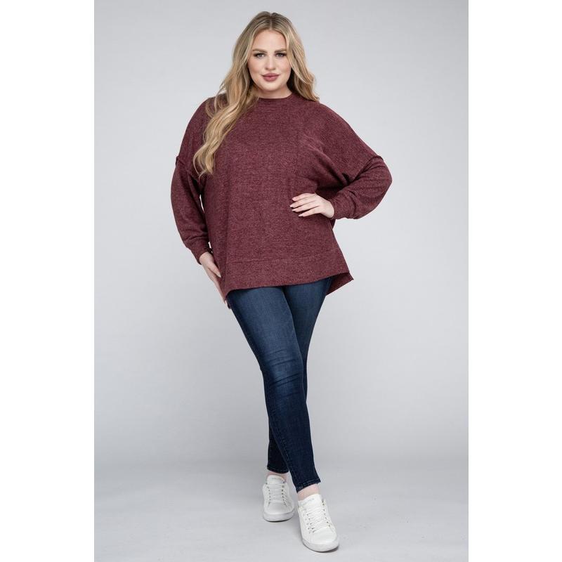 ZENANA Plus Brushed Melange Drop Shoulder Sweater