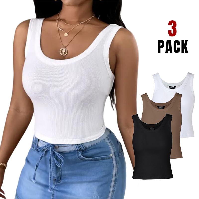 Chicme 3-Pack Scoop Neck Sleeveless Ribbed Tank Top Cami Tee Shirts Casual Crop Womenswear Fabric