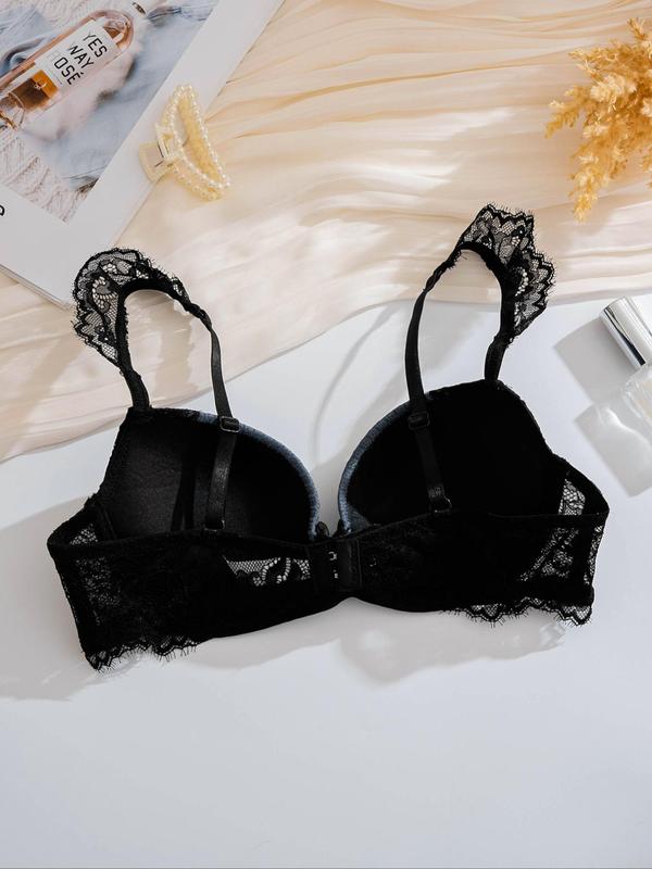 Women's Contrast Lace Adjustable Strap Bra, Push Up Bra, Elegant Soft Comfortable Breathable Lingerie Top For Daily Wear, Women's Lingerie Top For All Seasons