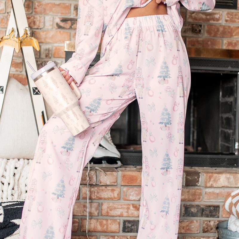 Women Christmas Pajamas Nutcracker Santa Bow Xmas Tree Cute Satin Christmas Pjs Set Two Piece Button Down Pajama Sets