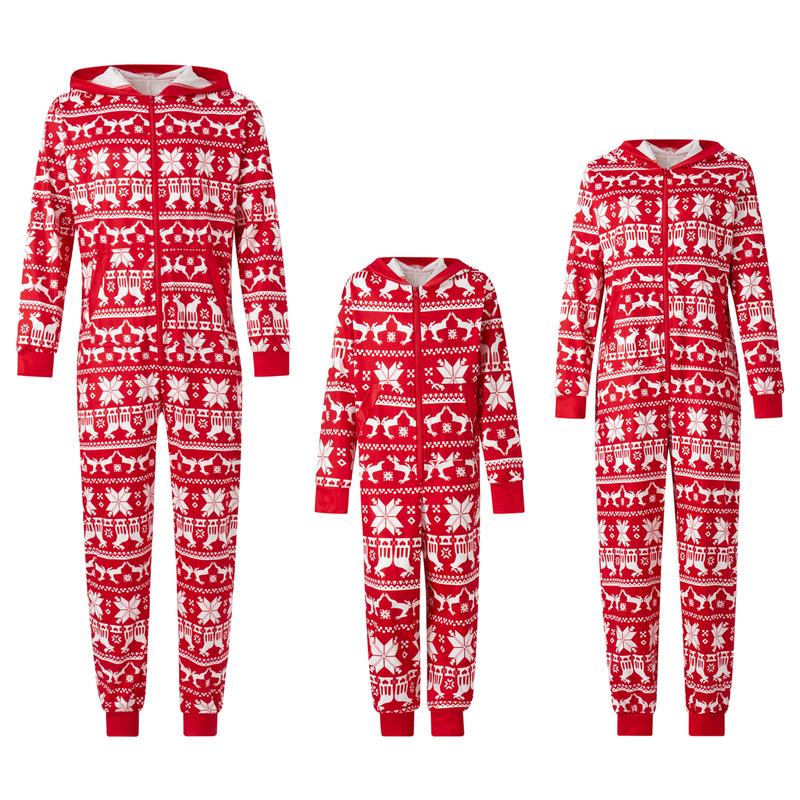 2024 New Family Matching Christmas Pajamas Romper Snowflake Deer Print Hooded Long Sleeve Zipper-Up Jumpsuits Xmas Pj's Clothes Homewear Sleepwear Loungewear Nightwear Womenswear Check