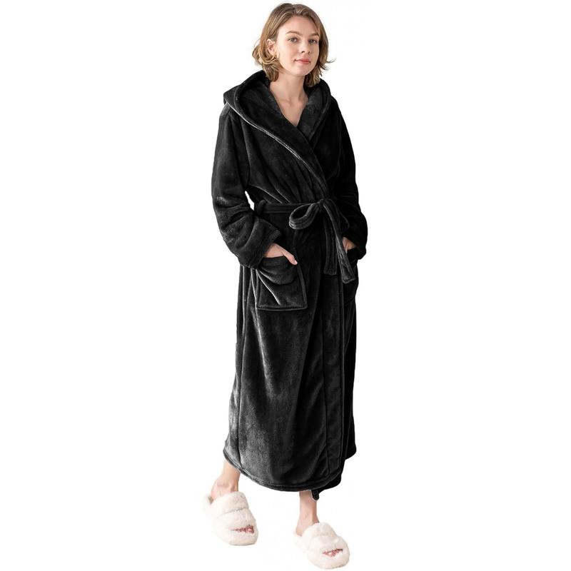 Women's Hooded Long Bathrobe, Silky Soft Lightweight Plush Fleece Robe Warm and Comfy to Wear Womenswear Gowns