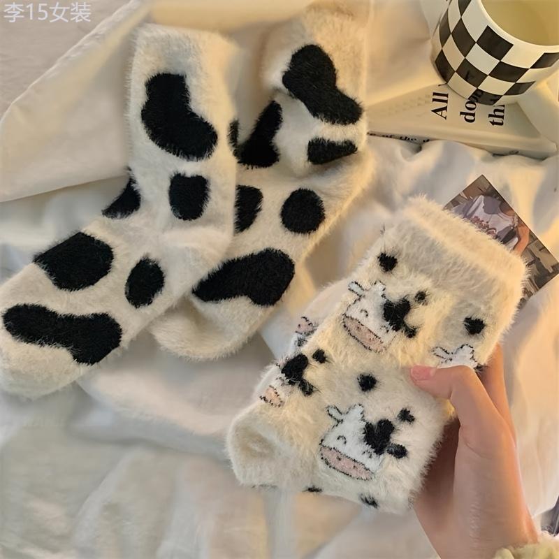 Cute Cow Spots Print Socks, Thickened & Warm Coral Fleece Socks, Women's Stockings & Hosiery Fabric Spandex