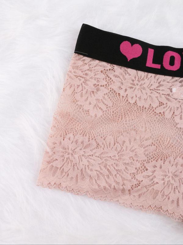 Women's Floral Lace Letter Tape Boyshorts, Soft Comfy Breathable Semi-sheer Panties for Daily Wear, Lady's Underwear for All Seasons