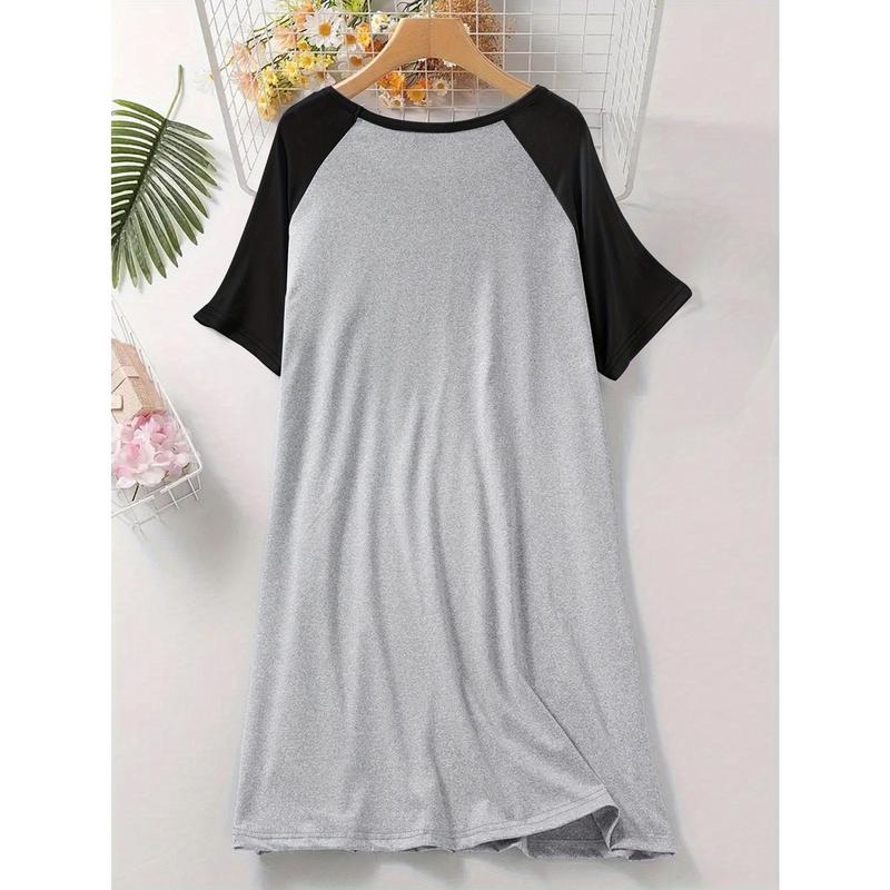 Women's Plus Casual Sleep Dress, Plus Size Floral Dog Paw & Letter Print Short Raglan Sleeve Round Neck Tee Nightdress