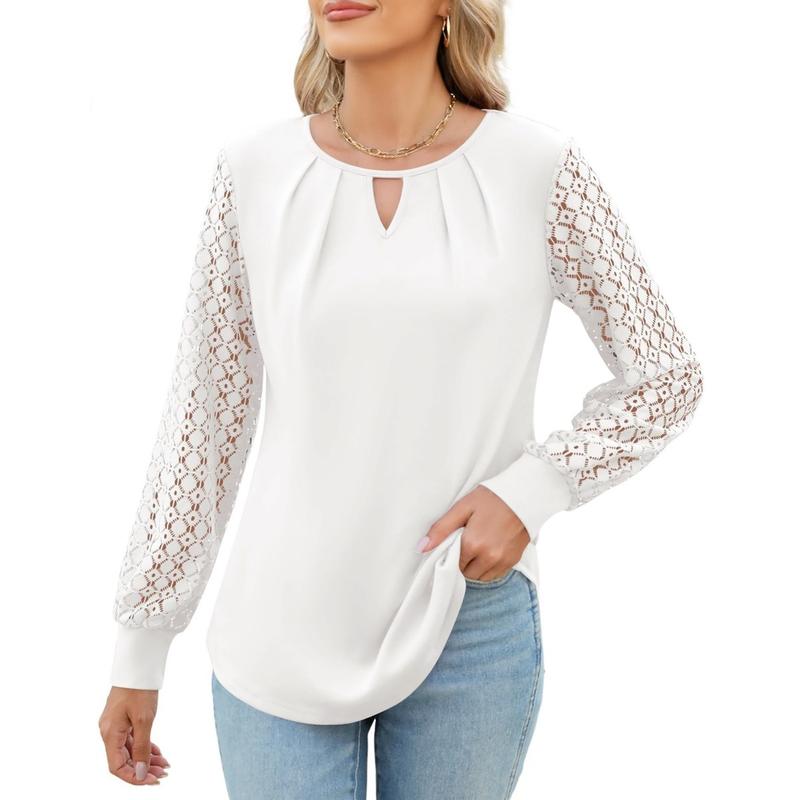 2024 Cross-Border European and American Women's Clothing  Early Autumn New Knitted Lace Stitching Long Sleeve round Neck Hollow T-shirt