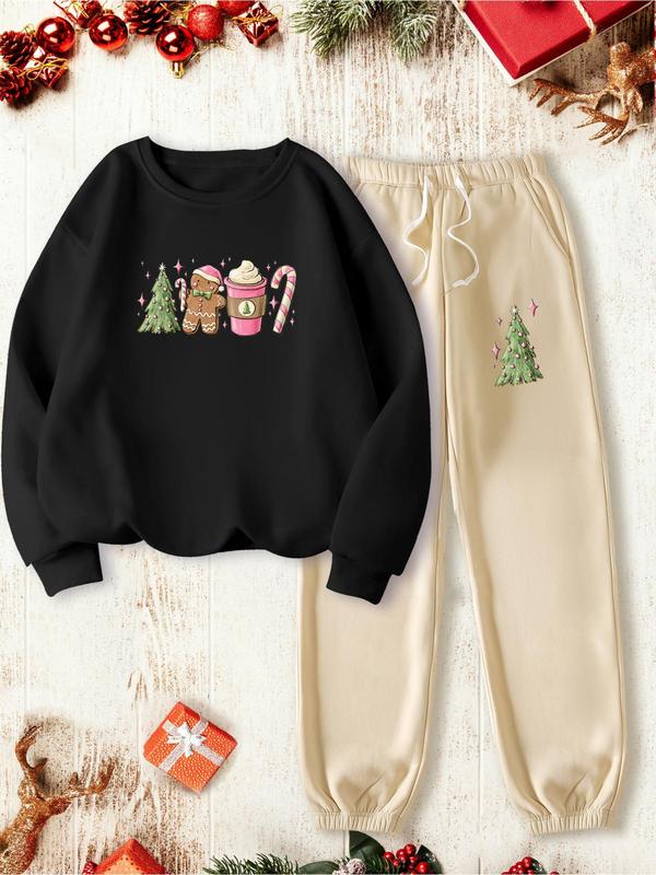 Two-piece Set Women's Christmas Print Thermal Lined Sweatshirt & Elastic Waist Sweatpants, Casual Fashion Cozy Round Neck Long Sleeve Pullover & Pocket Jogger Pants for Daily Wear, Ladies Fall & Winter Clothes