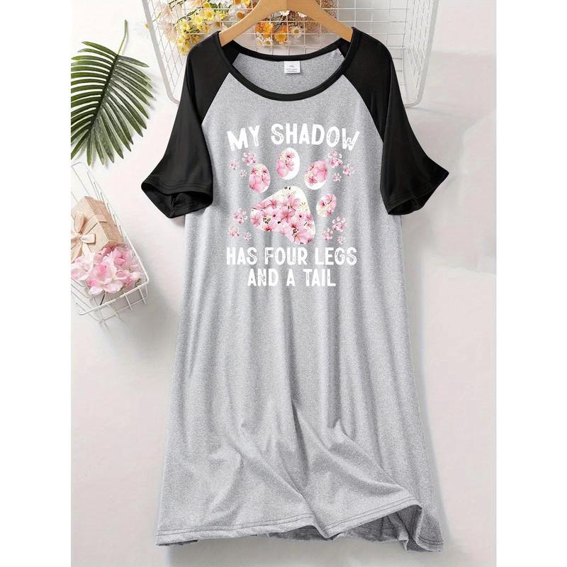 Women's Plus Casual Sleep Dress, Plus Size Floral Dog Paw & Letter Print Short Raglan Sleeve Round Neck Tee Nightdress