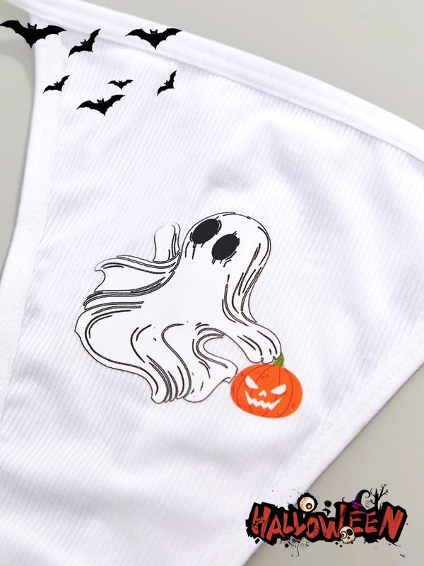 Plus 3pcs Cartoon Ghost Pumpkin Print Thong Set, Casual Comfortable Breathable Knicker for Lady Daily Wear, Women Plus Size Underwear for All Seasons, Womenswear