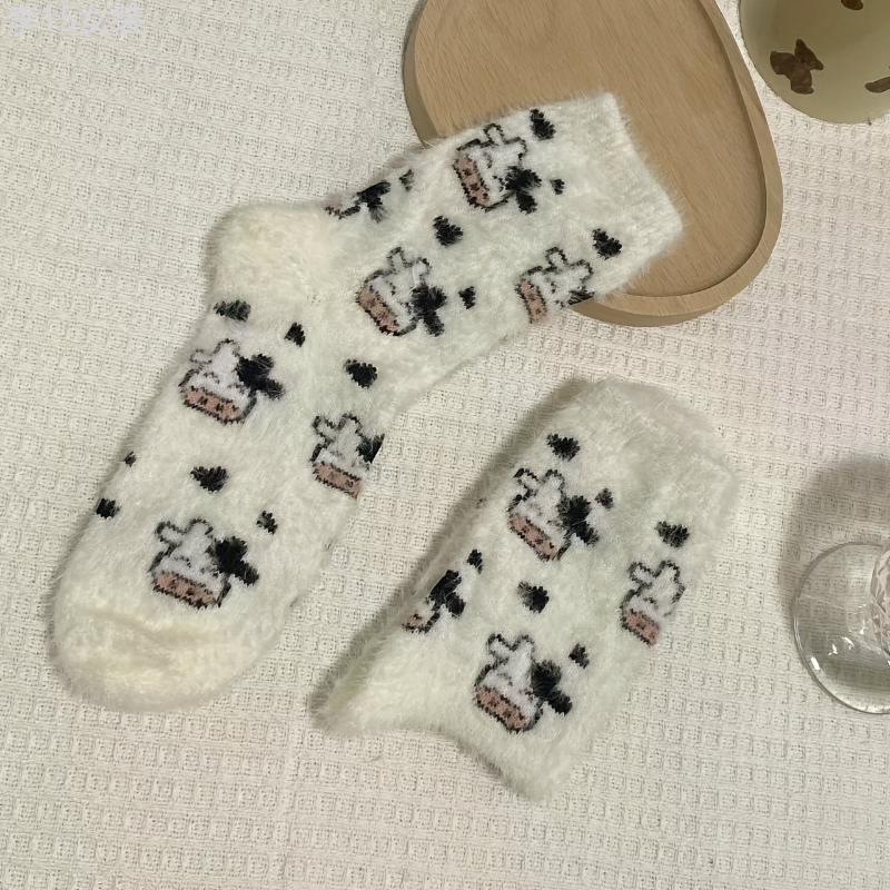 Cute Cow Spots Print Socks, Thickened & Warm Coral Fleece Socks, Women's Stockings & Hosiery Fabric Spandex