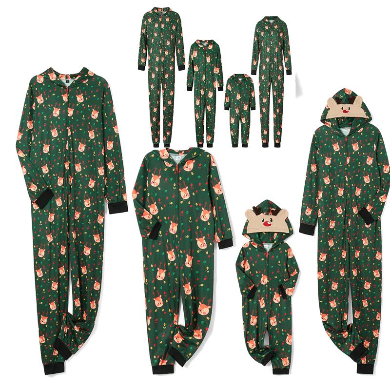 Christmas Pajamas For Family, Long Sleeve Hooded Deer Print Zipper Closure Jumpsuit Loungewear