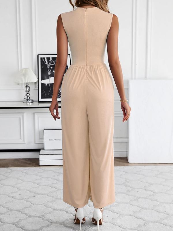 Women's Solid Pocket Zipper  Wide Leg Jumpsuit, Casual Sleeveless Round Neck Jumpsuit for Summer, Women's Jumpsuit for Daily Wear