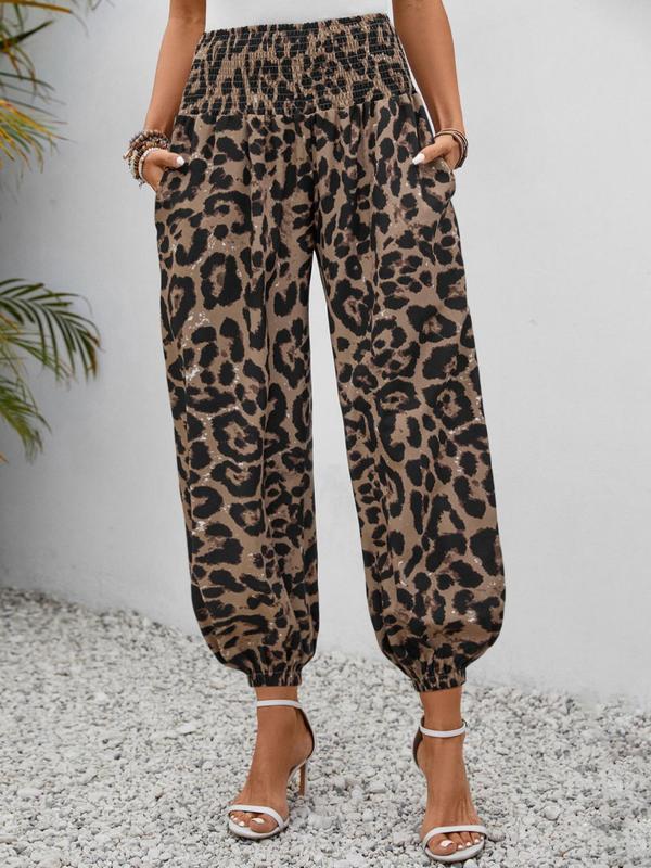 Women's Leopard Print Pocket Shirred Waist Pants, Casual Comfy Trousers for Daily Wear, Ladies Bottoms for Fall & Winter