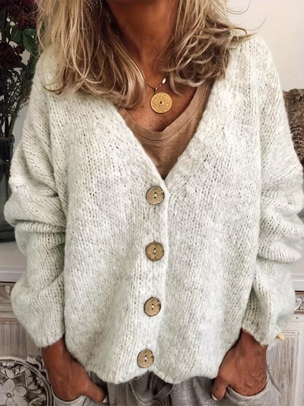 Women's Solid Button Front V Neck Cable Knit Cardigan, Casual Drop Shoulder Long Sleeve Cardigan Sweater for Fall & Winter, Women's Knit Clothing for Daily Wear