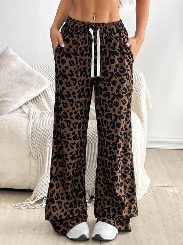 Women's Leopard Print Drawstring Waist Corduroy Pants, Casual Pocket Trousers for Outdoor Wear, Ladies Bottoms for All Seasons