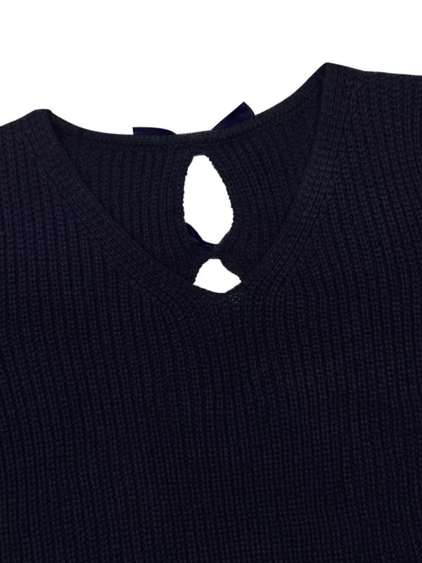 Women's Plain Bow Back Cut Out V Neck Sweater, 1 Count Casual Long Sleeve Jumper for Spring & Fall, Fashion Women's Knitwear for Daily Wear