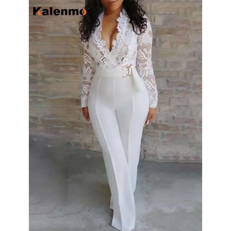 New In Jumpsuit Women White Overalls Party Lace Rompers Bodysuit One Piece Long Sleeve V-neck Long Pants Y2k Elegant Spring Work