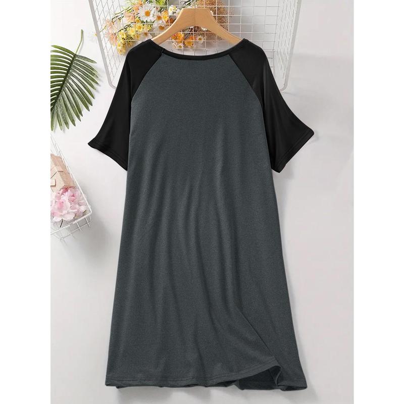 Women's Plus Casual Sleep Dress, Plus Size Floral Dog Paw & Letter Print Short Raglan Sleeve Round Neck Tee Nightdress