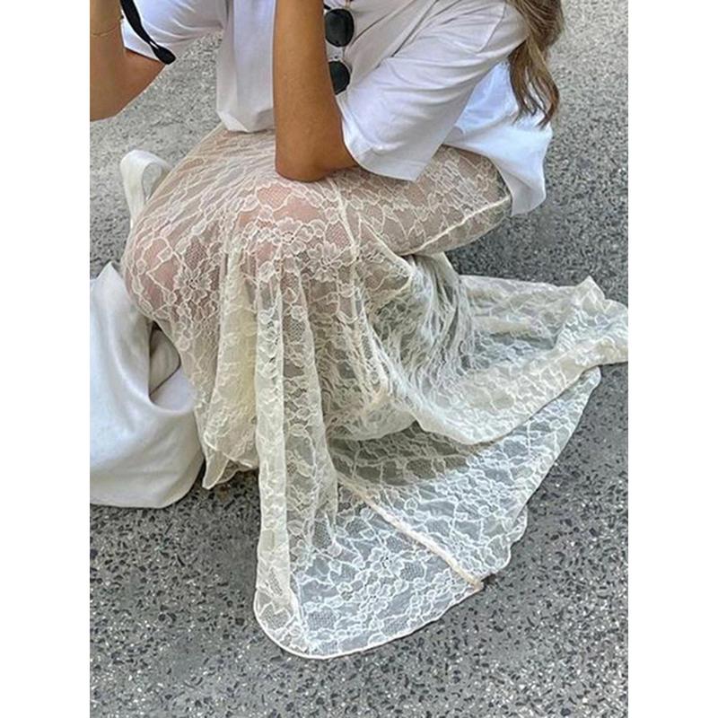 Women Summer Fishtail Skirt Casual Floral Lace Skirt for Beach Vacation Club Streetwear Aesthetic Clothes Fashion Womenswear