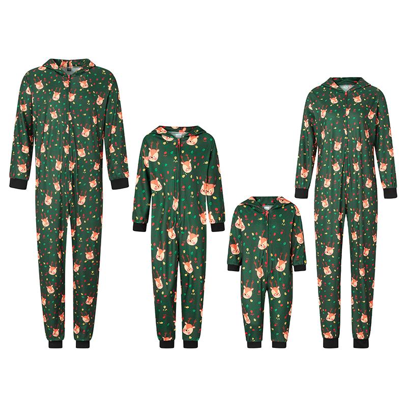 Christmas Pajamas For Family, Long Sleeve Hooded Deer Print Zipper Closure Jumpsuit Loungewear